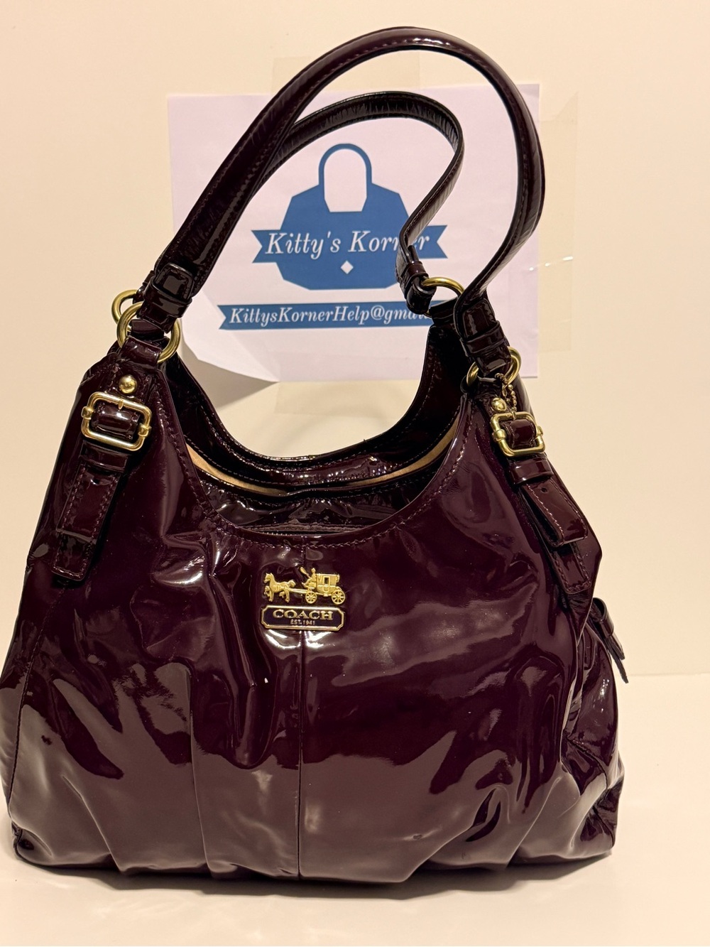 NWOT Coach Madison Maggie Patent Leather Shoulder Bag in Plum/Deep Burgundy